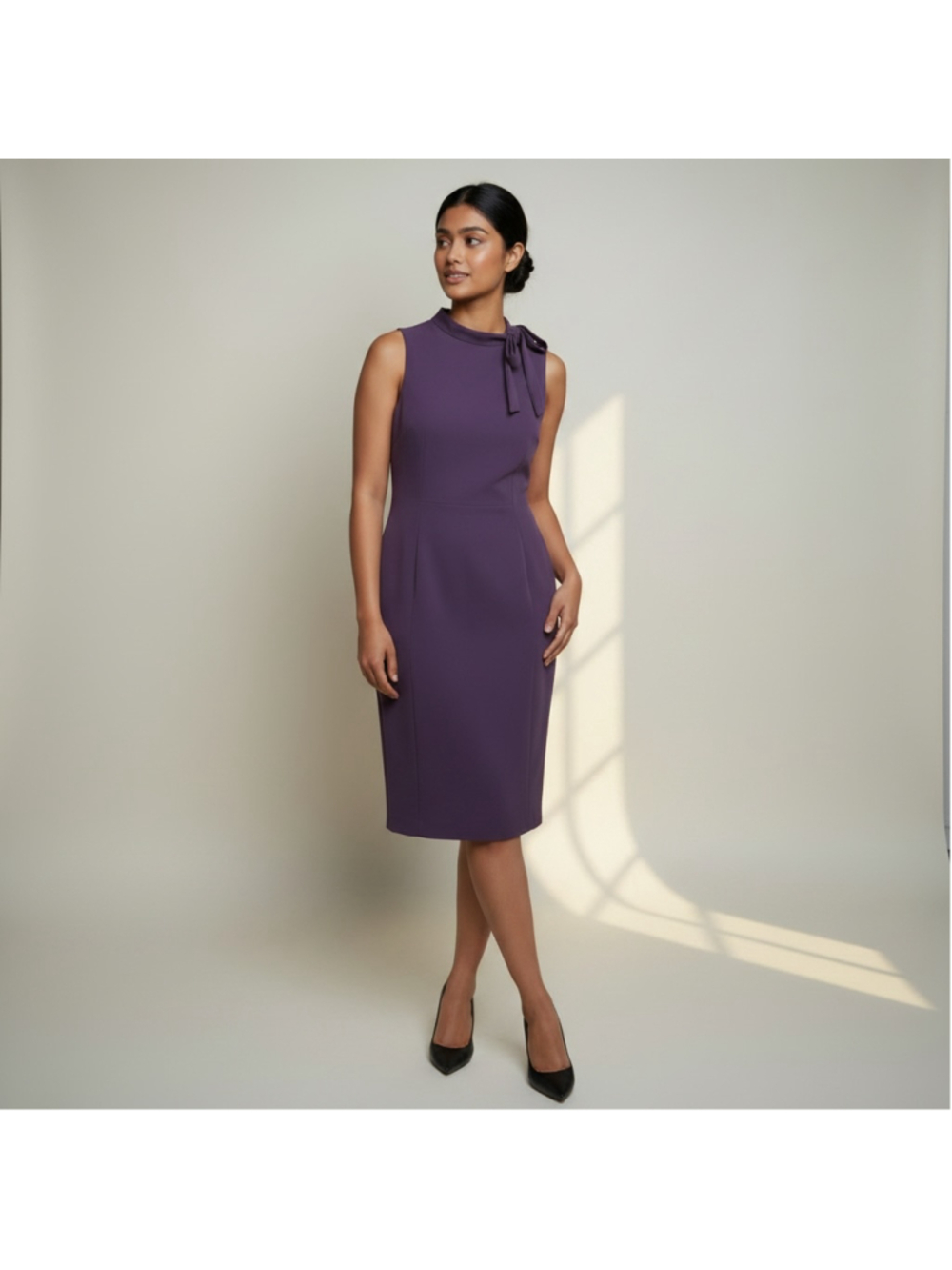 Size 12 plum/purple Calvin Klein sleeveless sheath dress with bow office evening